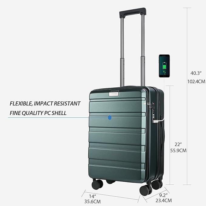 KROSER Carry On Luggage with Spinner Wheels & Built-in TSA Lock, Expandable Top Opening Hard Shell Suitcase Large Capacity Durable Rolling Luggage with USB Port, Carry-On 20-Inch, Dark Green