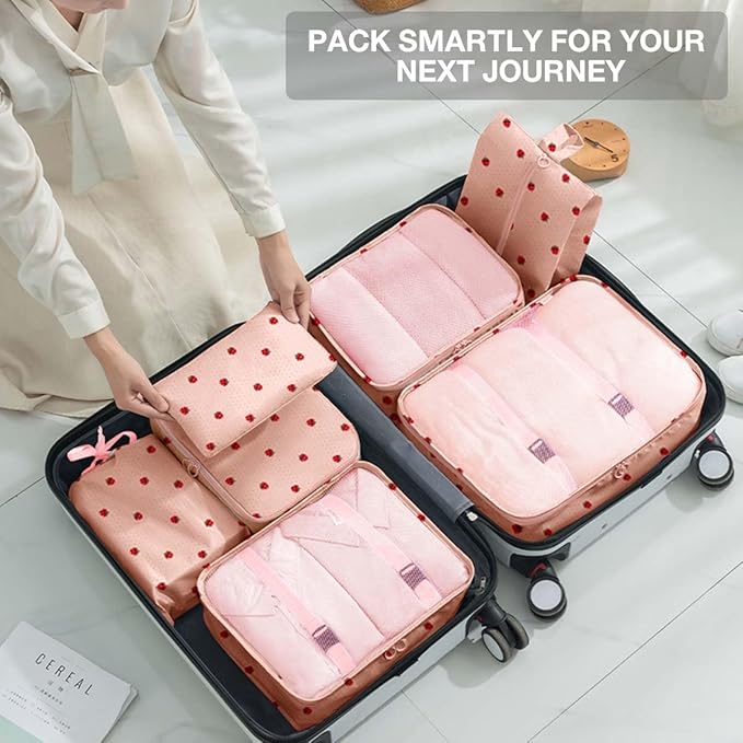 8 Set Packing Cubes for Suitcases,Packing Cube with Shoe, Cosmetics, Clothing, and Accessories Bags Packing Cubes for Travel Luggage Organizer Women Men(Pink Small Strawberry)