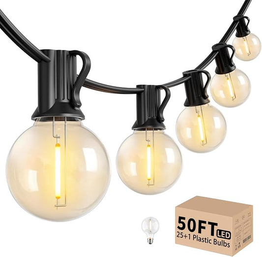 LACHON Outdoor String Lights 50FT, Patio Lights Outside with 25 G40 Shatterproof LED Bulbs, Waterproof Dimmable Hanging Connectable Globe Outdoor Lights for Backyard, Bistro, Porch, Deck, Balcony