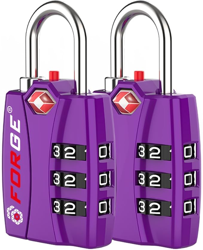 Forge Open Alert TSA Approved Luggage Locks - 3 Digit Combination, Easy Read Dials, Zinc Alloy Body - Ideal Travel Lock for Luggage, Suitcases, Bags & Toolboxes (Purple 2 Locks)