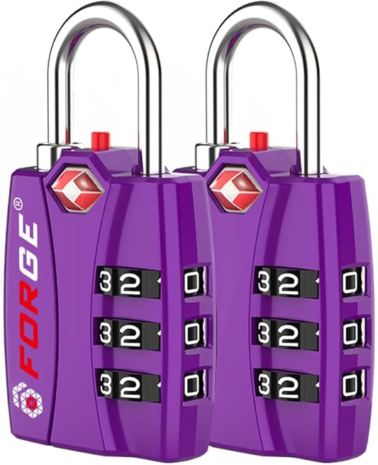 Forge Open Alert TSA Approved Luggage Locks - 3 Digit Combination, Easy Read Dials, Zinc Alloy Body - Ideal Travel Lock for Luggage, Suitcases, Bags & Toolboxes (Purple 2 Locks)