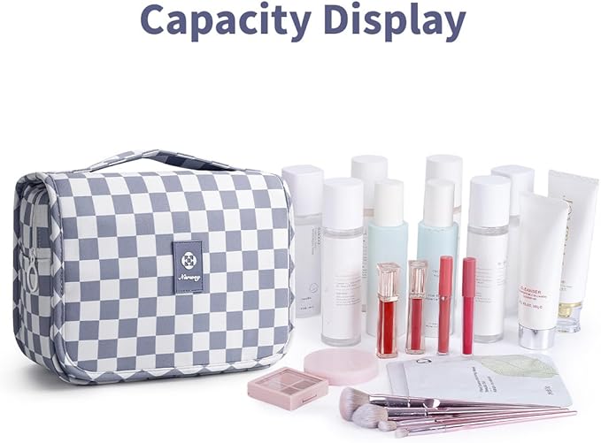 Narwey Small Hanging Travel Toiletry Bag for Traveling Women, Checkered Travel Bag for Toiletries, Makeup Bag Organizer Make Up Cosmetic Bags (Grayish Blue Checkerboard)
