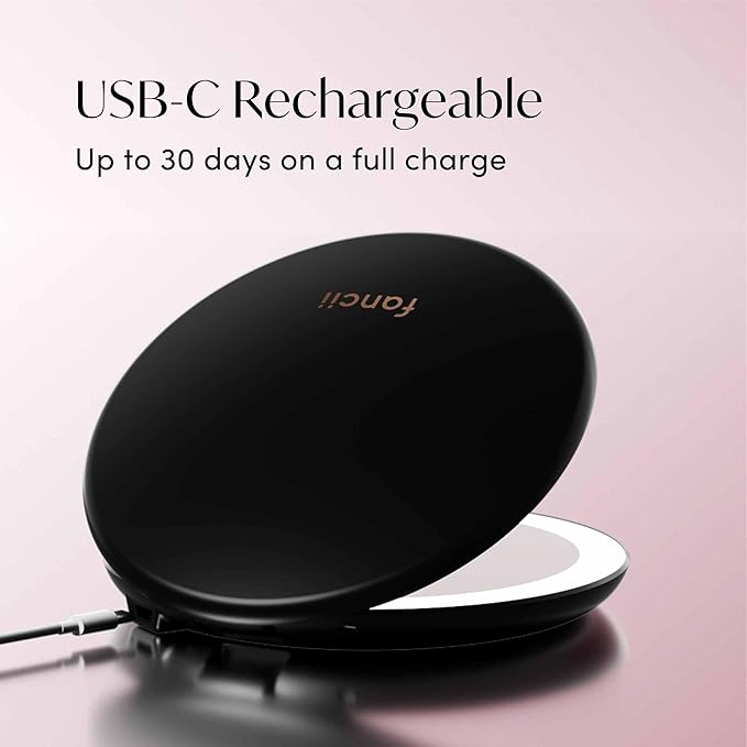 Fancii Taylor LED Lighted Travel Makeup Mirror, Rechargeable with 10x/1x Magnifying & 3 Light Settings - Compact, Portable, Large 5” Wide Hand Mirror for Handbag and Purses (Black)