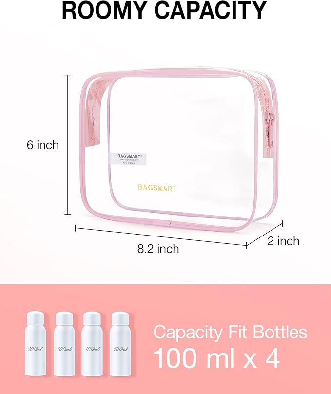 BAGSMART Clear Toiletry Bag, 3 Pack TSA Approved Travel Toiletry bag Carry on Travel Accessories Bag Airport Airline Quart Size Bags Water Repellent Makeup Cosmetic Bag for Women (Pink-3pcs)