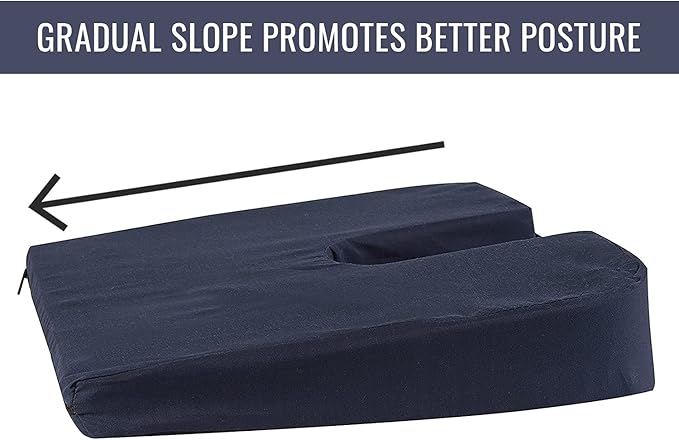 DMI Sloping Back Foam Seat Cushion for Coccyx Pain Relief, For Use with Chairs and Wheelchairs, With Cover, FSA HSA Eligible, 16 x 18 x 2 – 4 Inches, Navy.