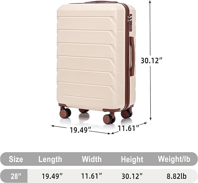 28 Inch Checked-Large Luggage, Lightweight ABS Hard Shell Suitcase with Spinner Wheels, Expandable Travel Luggage with Combination Lock & Side Hooks for Men Women (Beige, 28)