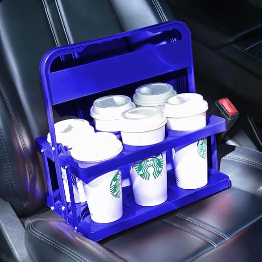 Bodaon 6 Cup Drink Carrier with Handle, Plastic Cup Holders for Take Out Delivery Drivers, Reusable Foldable Car Drink Caddy, Leakproof Food Delivery Accessories, 360° Secure Grip, Blue