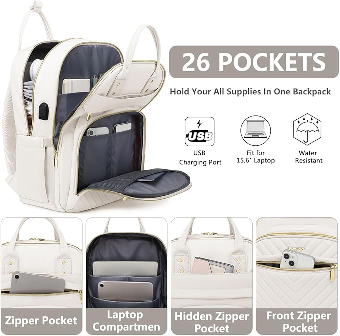 Laptop Backpack for Women Work Bag - 15.6 inch Travel Backpack with USB Charger Business Computer Backpacks for Office College Back pack for Teacher Casual Waterproof Bookbag for Nurses Beige