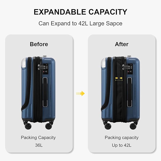 LEVEL8 Grace Carry on Luggage Airline Approved, 20 Inch Expandable Hard Sided Luggages with Spinner Wheels, Harshell Small Rolling Suitcase for Women Men with Tsa Lock, Blue