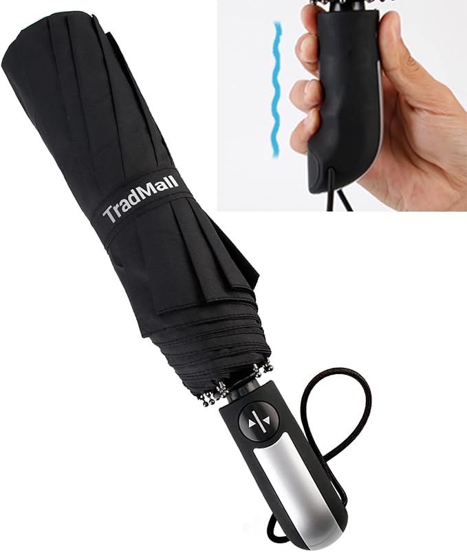 TradMall Travel Umbrella Windproof with 56 Inches Large Canopy 10 Reinforced Fiberglass Ribs Ergonomic Handle Auto Open & Close, Black