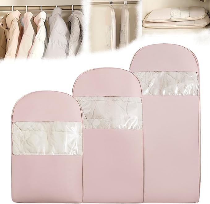 3PCS Space Saving Hangable Garment Bag with Self Compression Zipper - Organizer for Closet (Pink,S+M+L)