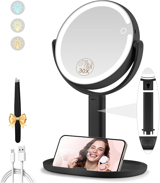MOMOKUBA Makeup Mirror with Lights, Double Sided 1x/30x Magnifying Mirror with Light, Rechargeable 3 Color Lights and Adjustable Brightness, 360° Rotation Detachable Comes with Tweezer(Dark-30X)