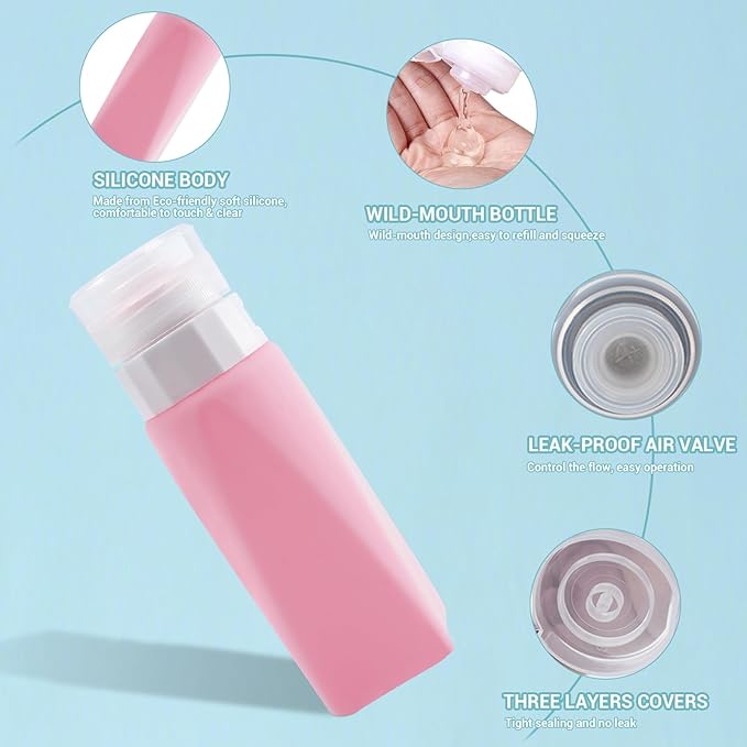 Travel Bottles Leak Proof,3 oz TSA Approved Silicone Squeezable, Refillable Containers Set for Toiletries Shampoo Conditioner Lotion