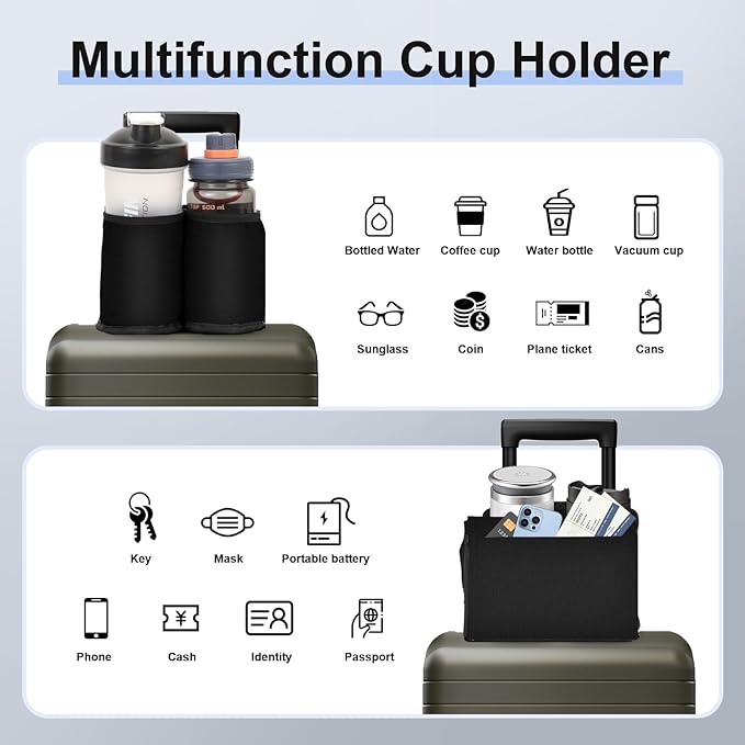 Luggage Travel Cup Holder for Suitcases Free Hands, Travel Accessories, Carry on Beverage Cup Holder Attachment, Luggage Cup Caddy Gifts for Flight Attendants, Business, Travelers, Black