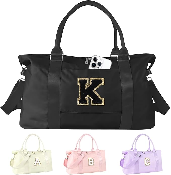Dance Gym Duffel Bag for Teen Girls, Personalized Initial Travel Weekender Bag,Cute Overnight Carry On Duffle for Women,Sports Travel Cheer Bag,Monogram Christmas Gifts for Tween Preppy(black-K)