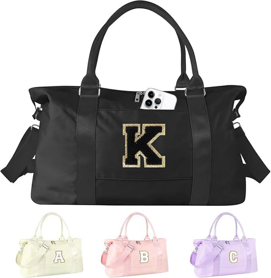 Dance Gym Duffel Bag for Teen Girls, Personalized Initial Travel Weekender Bag,Cute Overnight Carry On Duffle for Women,Sports Travel Cheer Bag,Monogram Christmas Gifts for Tween Preppy(black-K)