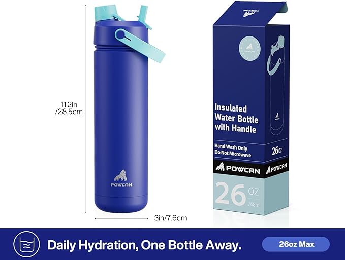POWCAN 26 oz Insulated Water Bottle with 2-in-1 Straw and Spout Lid, Keep Cold 24H, Leak-Proof, Fits in Car Cup Holder, Stainless Steel Water Bottle for Gift, Gym, Travel and Home (Indigo Porcelain)