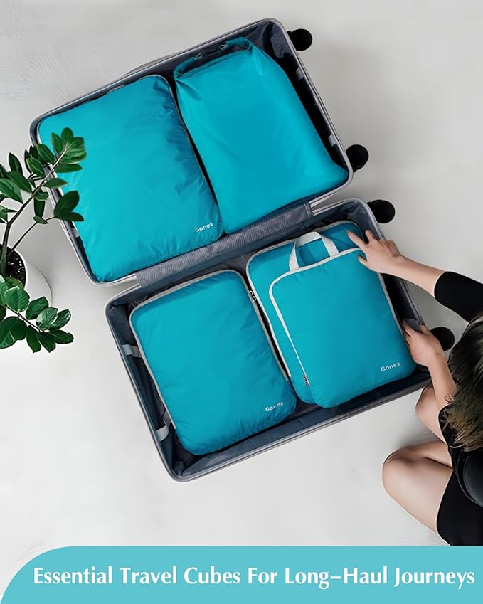 Gonex Compression Packing Cubes, 5pcs Expandable Storage Travel Luggage Bags Organizers with Laundry Bag (Blue)