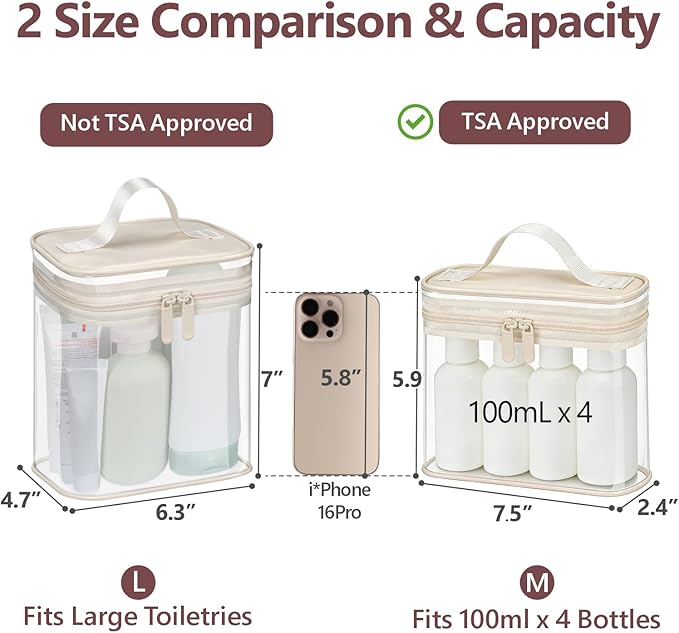 PACKISM Clear Toiletry Bag Combo Pack - 1 TSA Approved Medium & 1 Large Makeup Bag for Checked Luggage, Clear PVC Travel Bag with Handle, Dual Metal Zippers, Water Resistant Large Opening, Beige