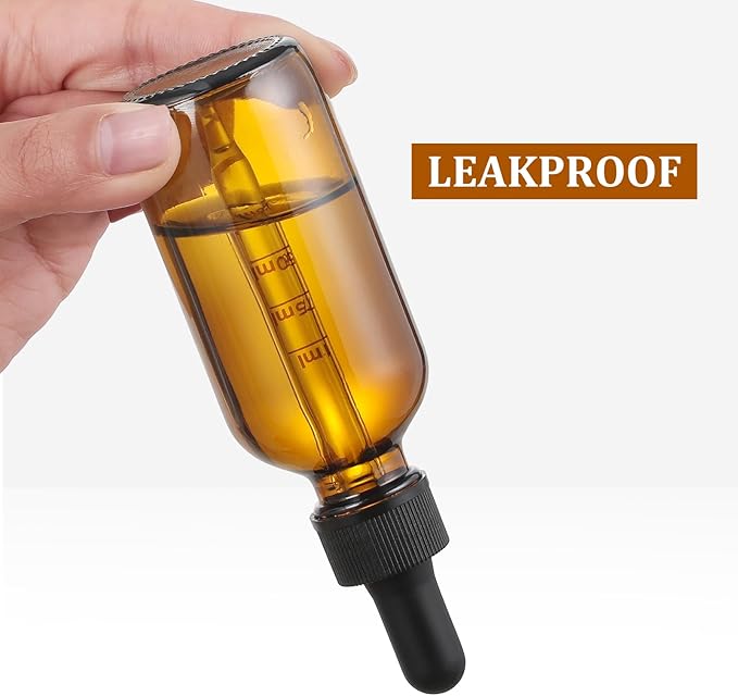 4 Pack 1 oz Glass Dropper Bottles with Measured Dropper - 30ml Dark Amber Tincture Bottles with Graduated Calibrated Glass Eye Droppers (1ml) for Essential Oils, Liquids - Leakproof Travel Bottles
