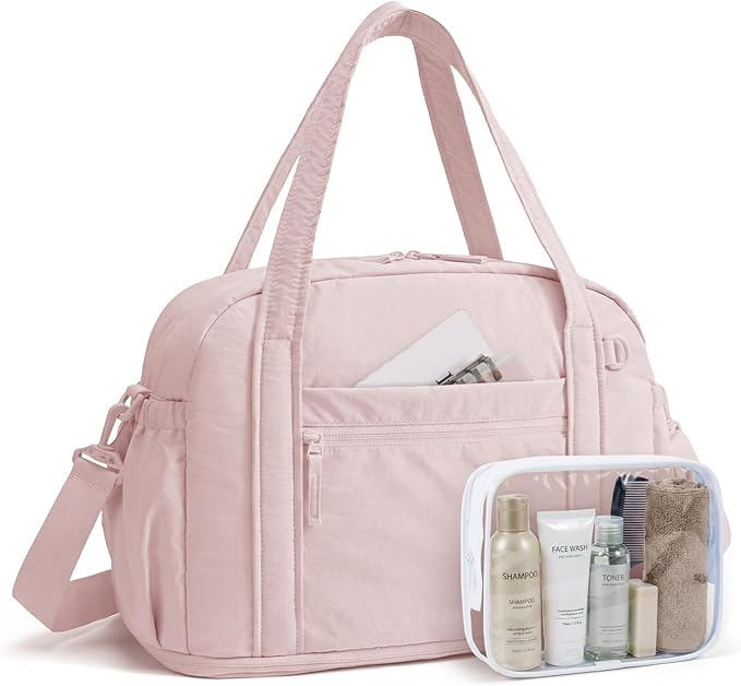 BAGSMART Expandable Personal Item Travel Bag, Lightweight Gym Bag for Women, 24L Weekender Travel Duffle with Toiletry Bag, Carry on Overnight Duffel, Pink