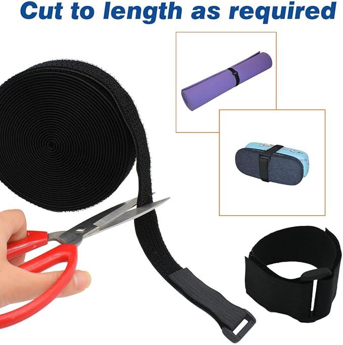YiwerDer 1"x20FT Hook and Loop Straps, with 30 Plastic Buckles, Adjustable Fastening Cable Straps, Cut-to-Length Cinch Strap, Reusable Nylon Securing Cord Ties for Organizer or Storage - Black