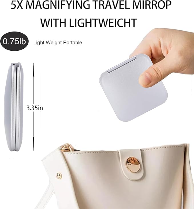 CYHTSHFZ Small Compact Mirror for Purse,5X/1X Travel Magnifying Mirror for Women, Makeup Mirror for Girls, Portable Ultra Slim Pocket Mirror（Silver）