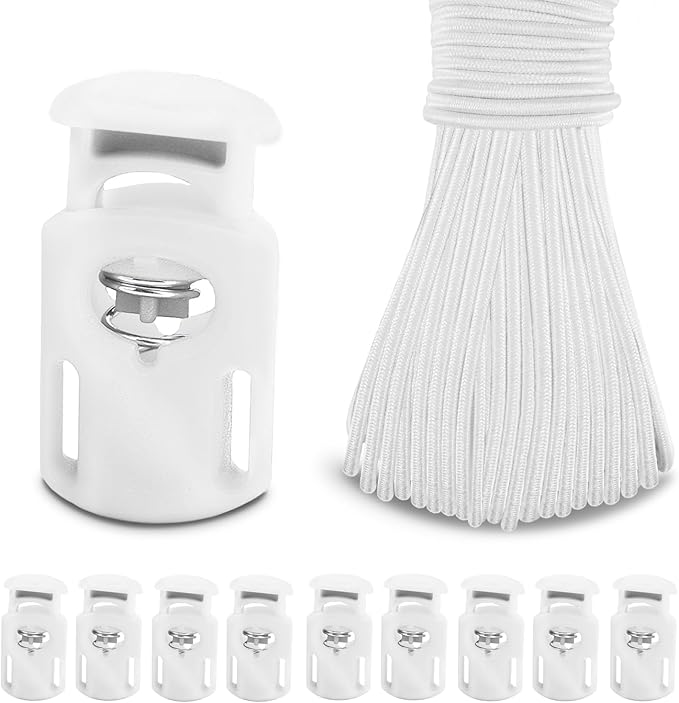 10 Meter 3mm(1/8Inch) Elastic Bungee Shock Cord Stretch String, 25pcs Plastic Cord Locks Spring Toggle Stopper for Drawstring Backpack Shoelaces(White)