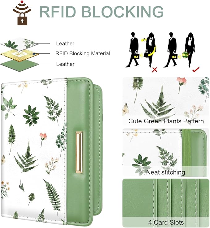 Passport Holder Cover Travel RFID Blocking Passport Cover Cute Flowers Passport Wallet with Elastic Band for Women, Green Plants