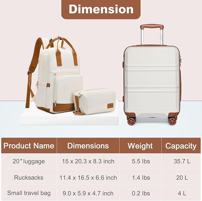 Kono Luggage Set 3 Piece Carry On Hardside Luggage with TSA Lock Spinner Wheels Lightweight PC+ABS Carry On Suitcase Cream White