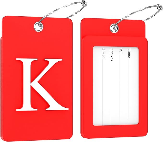 Gostwo 2 Pack Luggage Tags for Suitcases, 26 Initial Letter Travel Luggage Baggage Identification Labels ID Tag Fully Bendable Tags with Stainless Steel Loop (Red) (Letter K)
