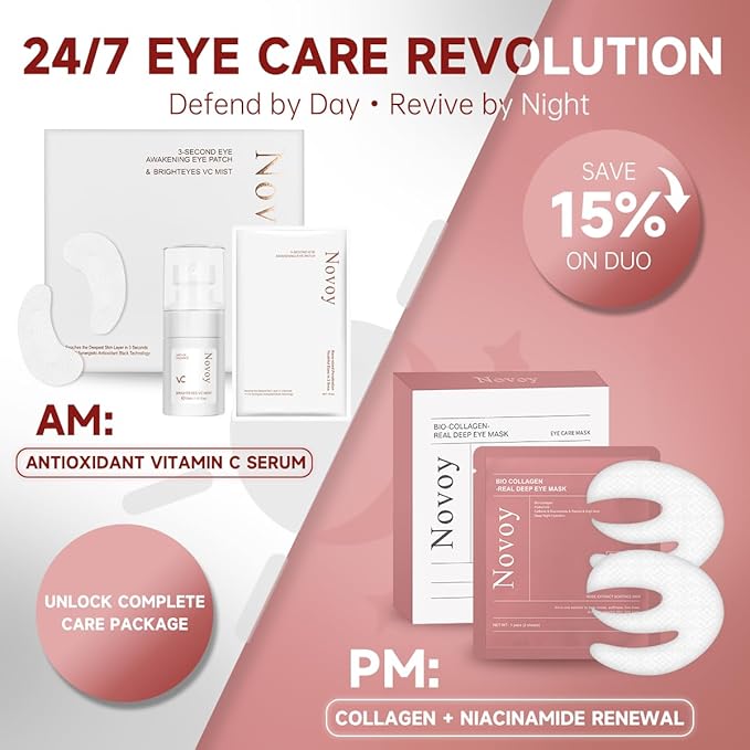 Novoy 15 Pairs Bio-Collagen Real Deep Eye Patches - 6-in-1 Retinol Overnight Eye Patches for Dark Circles, Puffiness & Wrinkles | 2% Caffeine+Hyaluronic+Niacinamide, Korean Popular Eye Mask - ROSE