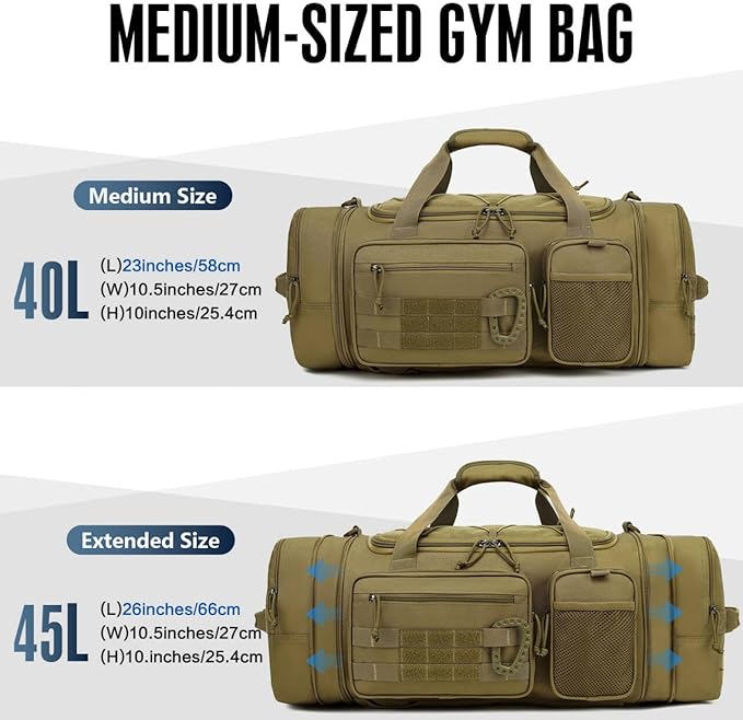 3 in 1 Tactical Gym Bag Backpack for Men 40-45L Expandable Travel Duffle Bag for Women Military Sport Duffel Bags Weekend Overnight with Shoe Compartment & Wet Pocket for Fitness, Brown