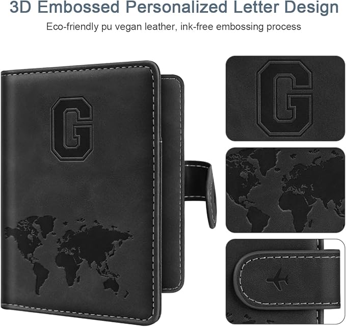 Passport Holder Wallet Cover Personalized Letter A-Z Travel Wallet RFID Blocking Passport Cover Wallet Case for Travel Passport Book Holders for Women and Men, Black-G