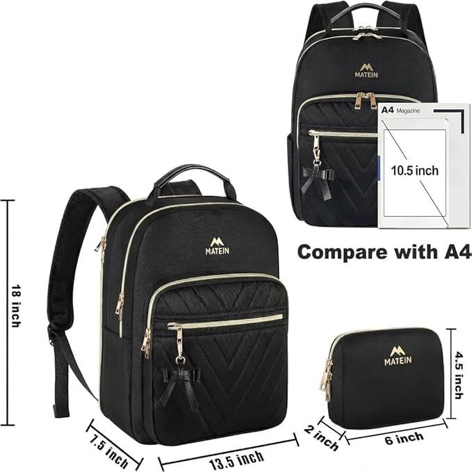 MATEIN Backpack Purse for Women, 17 inch Stylish Cute Waterproof Backpack Purse, Waterproof Fashion Casual Daily Shoulder Bag for Work College Travel, Gifts for Ladies, 2pcs Set, Black