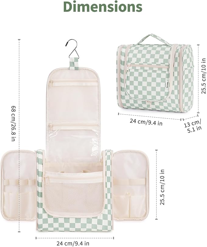 Narwey Travel Toiletry Bag for Women, Checkered Large Hanging Makeup Bag Organizer Cosmetic Make up Bags for Women, Travel Bag for Toiletries (Mint Green Checkerboard)