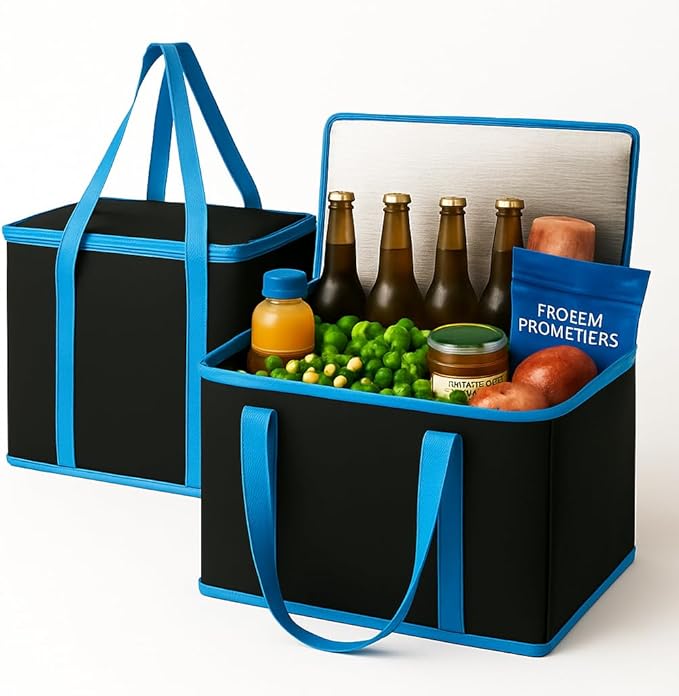 musbus XL-Large Insulated Grocery Shopping Bags, Black, Reusable Bag,Thermal Zipper,Collapsible,Tote,Cooler,BLACK BLUE