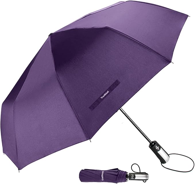 TradMall Travel Umbrella Windproof with 46 Inches Large Canopy 10 Reinforced Fiberglass Ribs Ergonomic Handle Auto Open & Close, Purple