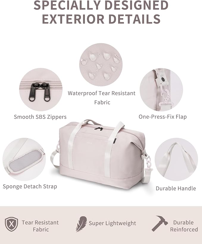 ECOHUB Travel Duffel Bag, Water Resistant Weekender Bag Carry On Bags for Women, Sport Gym Bags for Men, Hospital Bag for Labor and Delivery, Overnight Bag Luggage Bag with Trolley Sleeve, 30L Beige