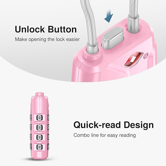 Puroma 2 Pack TSA Approved Luggage Locks, 4 Digit Combination Travel Cable Locks Resettable Code Lock with Zinc Alloy Body for Suitcase, Toolbox, Backpack, Bag, Gym Locker (Basic Pink)