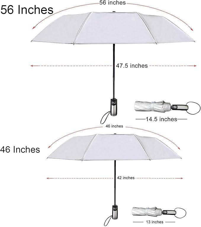 TradMall Travel Umbrella Windproof with 46 Inches Large Canopy 10 Reinforced Fiberglass Ribs Ergonomic Handle Auto Open & Close, Silver/Black