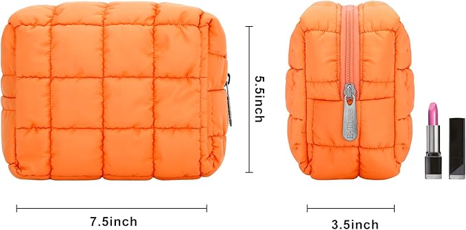 E-Tree Cute Makeup Bag,Quilted Cosmetic Bag,Make up Pouch for Purse,Toiletry Zipper Pouch,Checkered Bag,Travel Case,Storage Pouches for Organization Orange