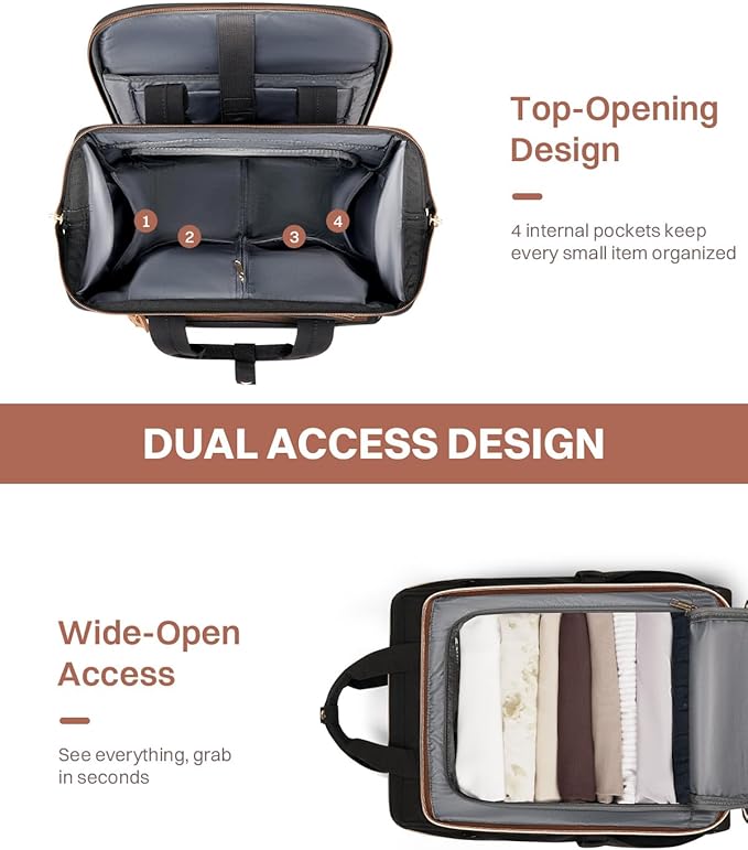 Rolling Puffer Backpack for Women, Travel Backpack with Wheels, 16 Inch Wheeled Laptop Backpck, Dual-Opening Design Overnight College Underseat Carry on Luggage, Roller Business Work Bag, Black Brown