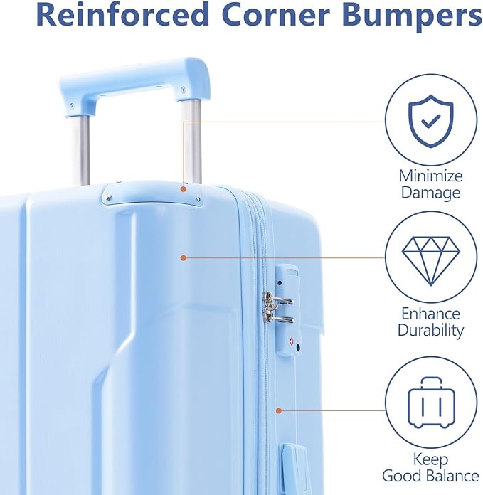 24 Inch Checked-Large Luggage, Lightweight ABS Hard Shell Suitcase with Spinner Wheels, Expandable Travel Luggage with Combination Lock & Side Hooks for Men Women, Sky Blue