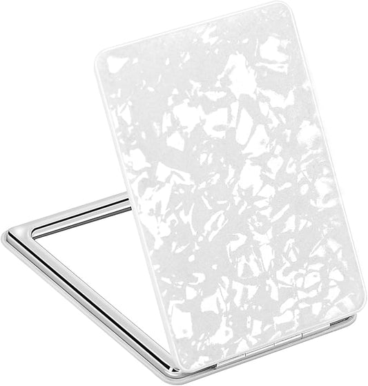 Delicate Compact Travel Vanity Mirror for Girls Women Men, White 2-Sided Folding Makeup Mirrors for Pocket Handbag Purse Wallet, Portable Slim Magnifying Cosmetic Mirror with 3D Shell Pattern