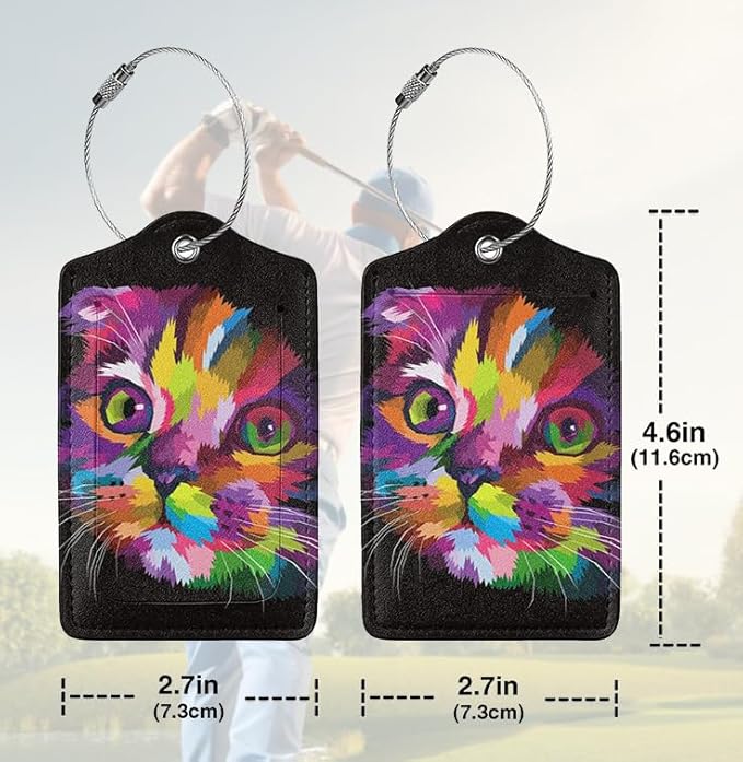 2 Pack Colorful Art Kitten Animal Luggage Tags Travel PU Cute Cat Leather Luggage Tag Name ID Labels with Privacy Cover Suitcases Women Men Girls Boys Fun Laggage Tags(Colorful Cats)