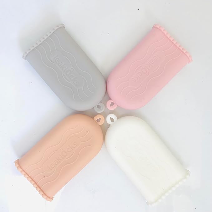 LeakLocks® Toiletry Skins 4-Pack w/Travel Bag. Elastic Sleeve for Leak-Proofing Travel Container in Luggage. Fits Standard/Travel Sized Toiletries. Reusable Accessory for Travel Bag Suitcase/Carry-on