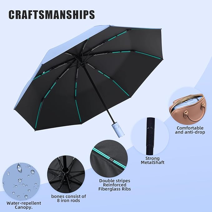 Compact Automatic Folding Travel Umbrella-Windproof Rainproof, PF50+ Sun Protection for Hiking,Outdoor,Chool,Golf Course & Daily Use,Sturdy Multi-Ribbed Frame