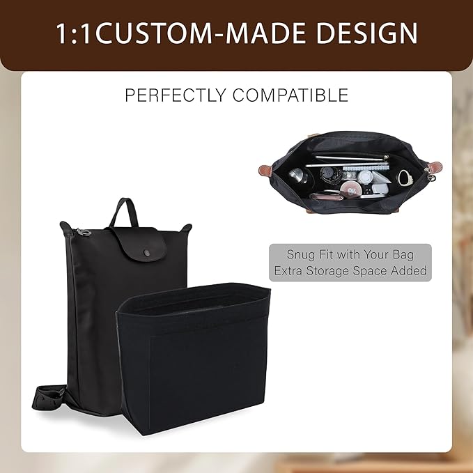 Premium Felt Purse Organizer Insert for Longchamp Le Pliage, Zipper Long Champ Bag Organizer Insert with Cup Holder, 8 Compartments