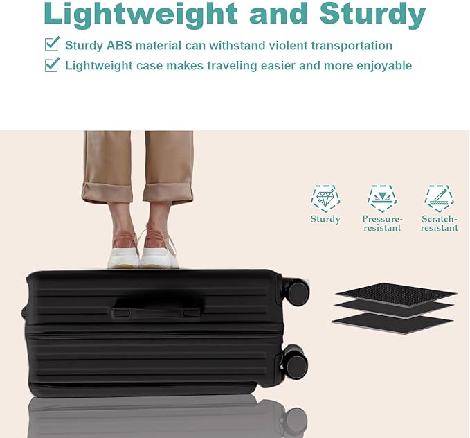 Gets Carry on Luggage Airline Approved,20 Inch Abs+Pc Hardshell Spinner Luggage With Cup Phone Holder and USB Charger,Front Pocket Durable Suitcase for Women Men-Black